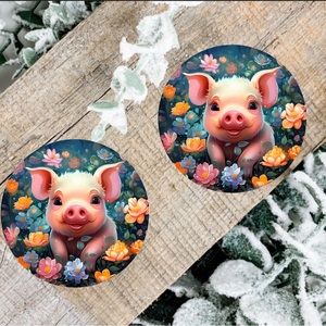Handmade Floral Pig Car Coasters | New Set. Of Two Pig Car Coasters